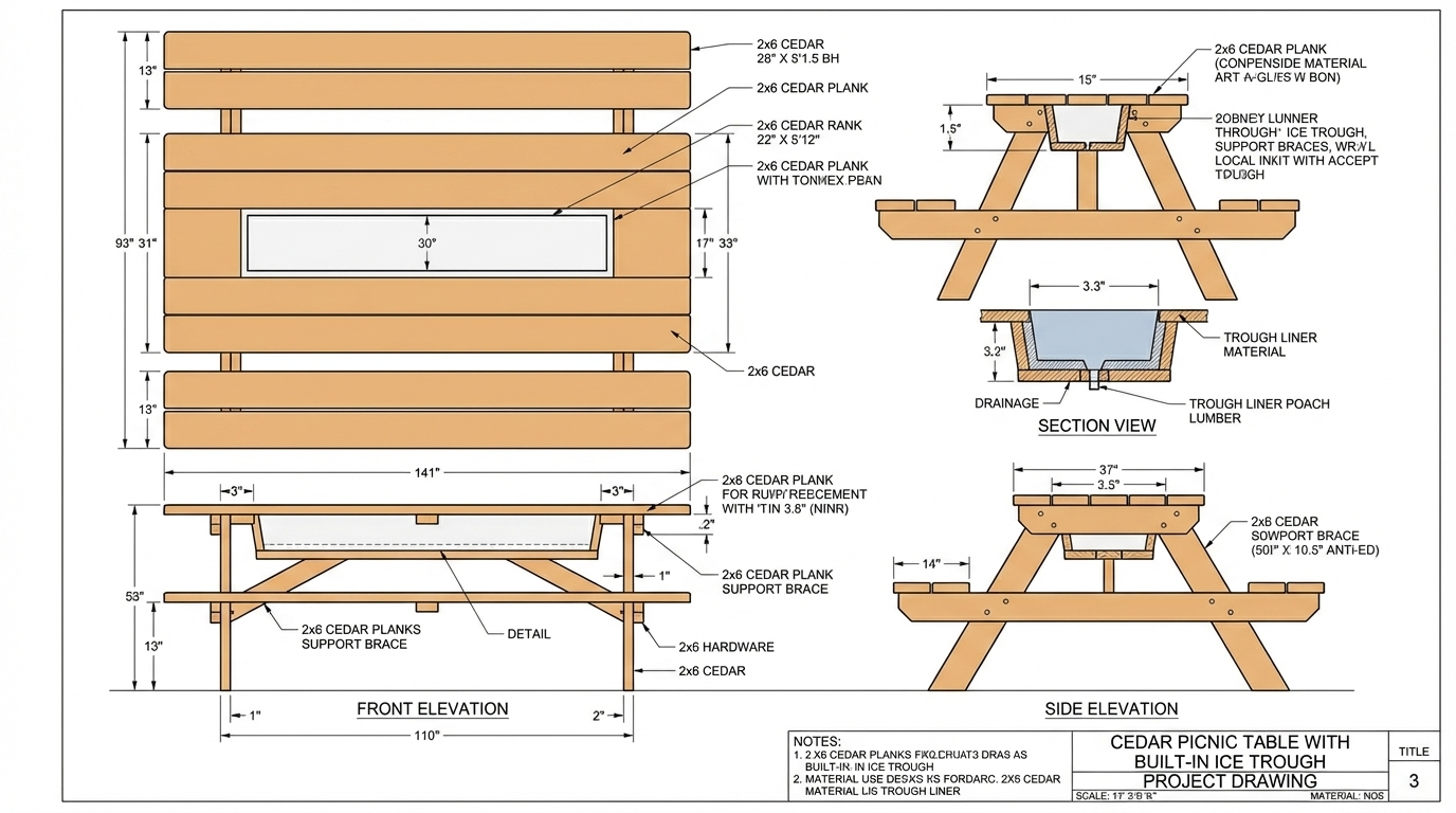 Cedar Picnic Table with Built-In Ice Trough drawing