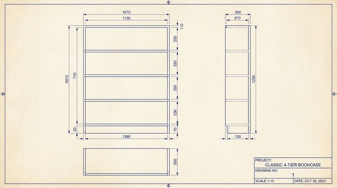 Classic 4-Tier Bookcase drawing